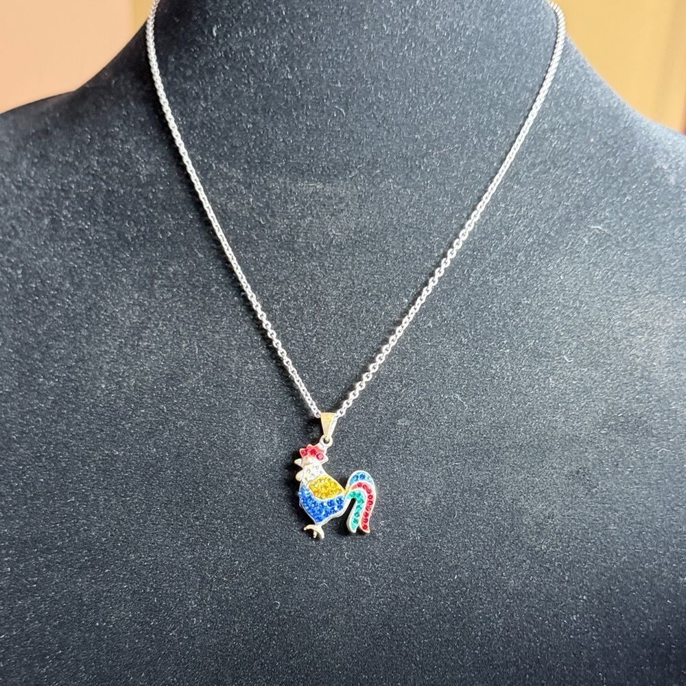 Colorful Rhinestone Rooster Pendant Necklace Multicolor Silver Tone